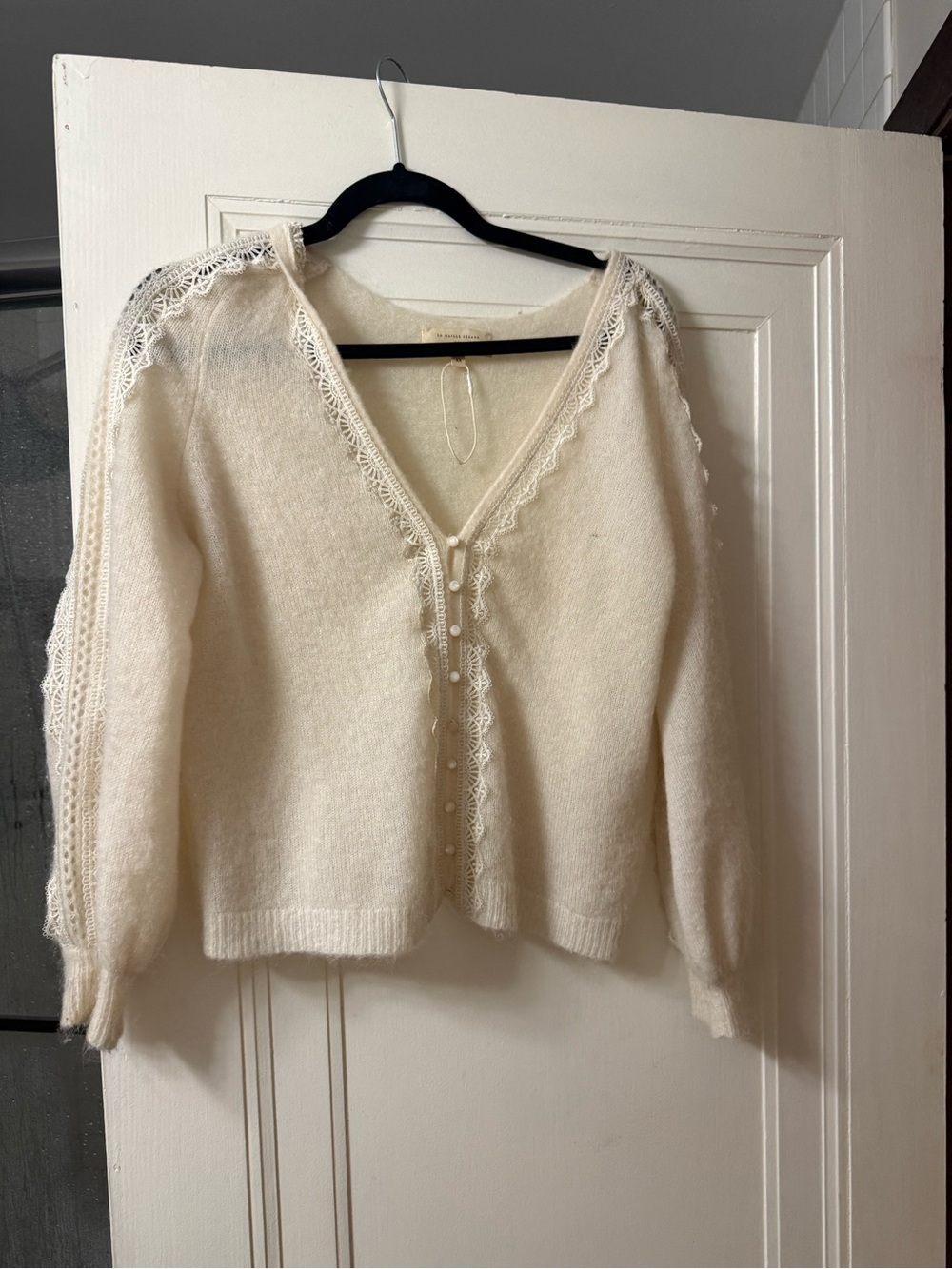 Sezane Delicate Lace-Trim Cream V-Neck Sweater Cardigan